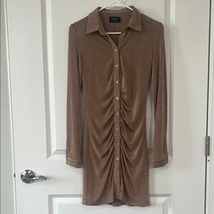 Bardot Brown Ruched Long Sleeve Shirt Dress